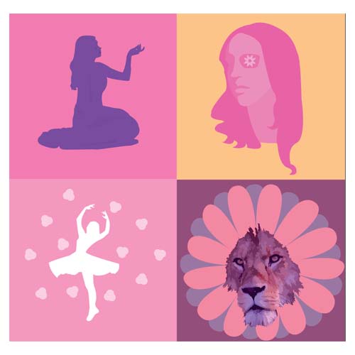 four square designs situated in two rows with the first design being a purple full body silhouette of a girl sitting sideways, the second is a face made of different shades of pink with a flower as the eye, the third being a white silhoette of a ballerina with flowers all around her, and the fourth being a lion with pink and purple petals instead of a mane.” title=